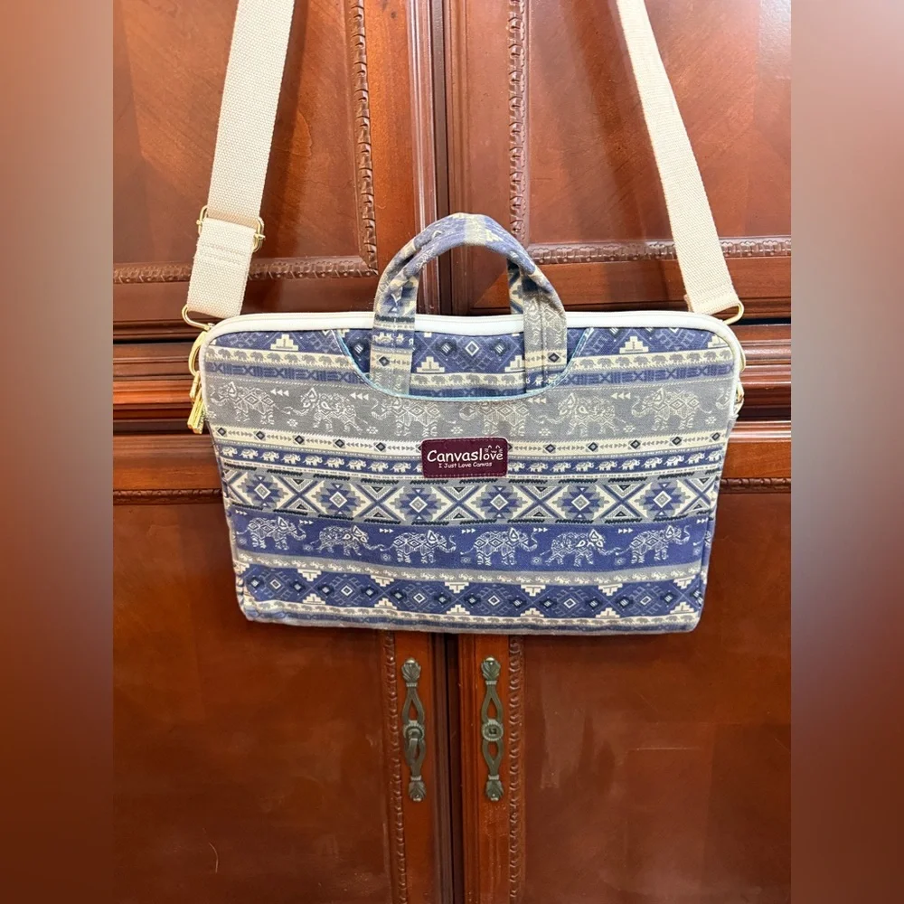 Canvaslove EUC Blue Tribal Print Laptop Bag Crossbody or Briefcase Many pockets